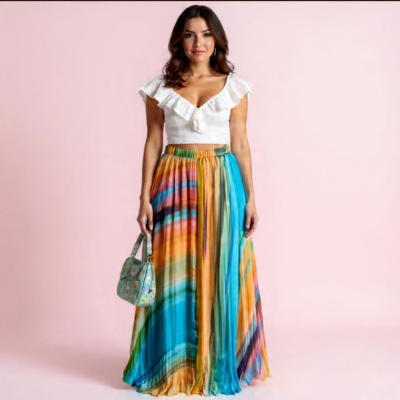 Vintage Dresses & Skirts - S/M/L🩵 Hippie Pleated Water Color Maxi Skirt